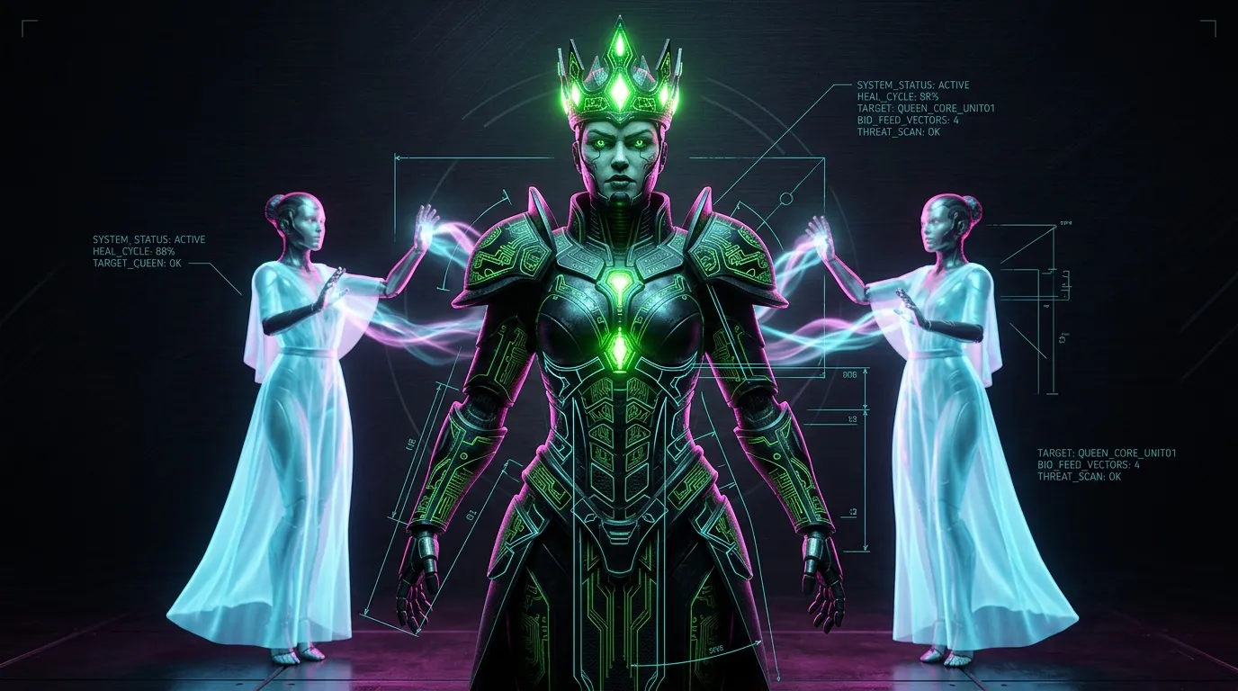 Reine armurée verte avec deux figures lumineuses bleues flanquant
