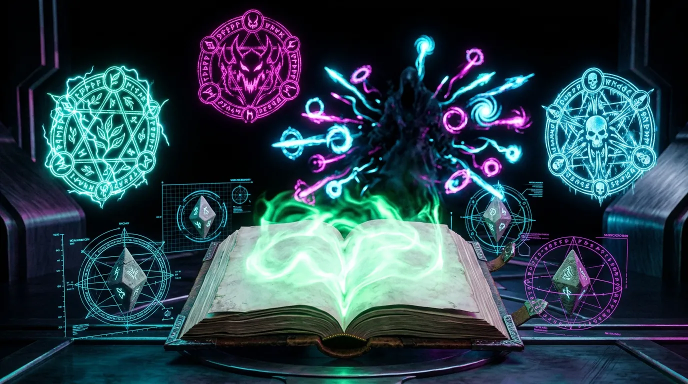 Livre ouvert brillant avec symboles magiques neon color&eacute;s.