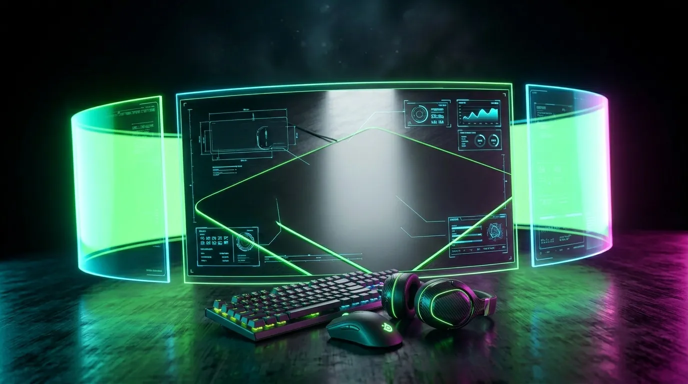 Configuration gaming ultramoderne avec écrans courbes lumineux néon