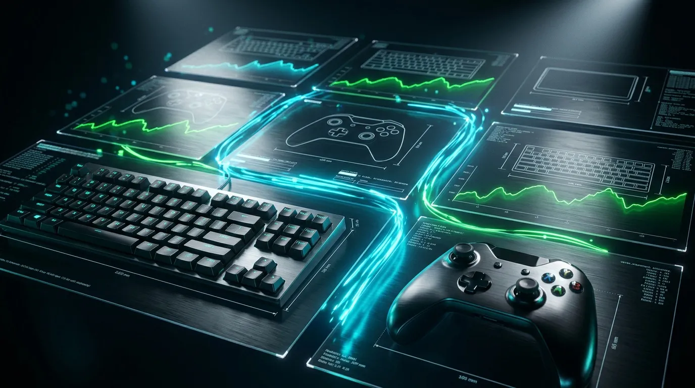 Bureau gaming avec clavier, manette, écrans holographiques et graphiques