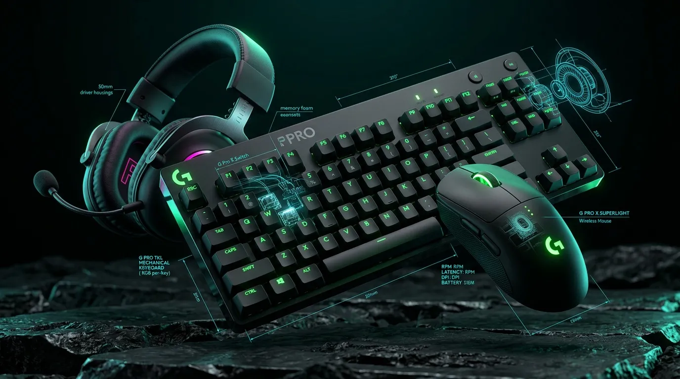 Clavier, souris, casque gaming Logitech G Pro avec spécifications techniques