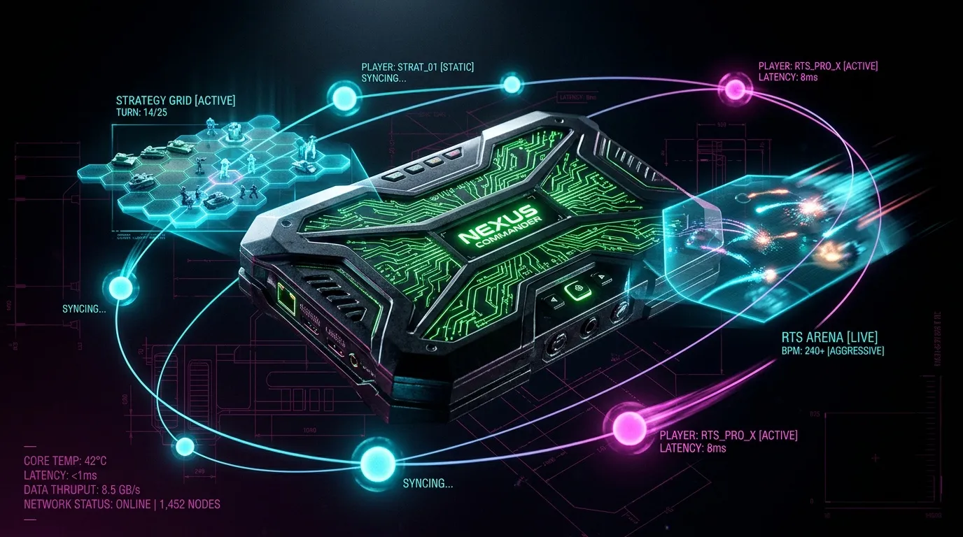 Appareil gaming futuriste connecté à réseau multiplayer en temps réel