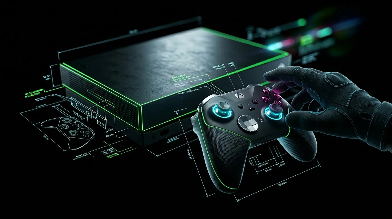 Console gaming noire avec manette et schémas techniques détaillés