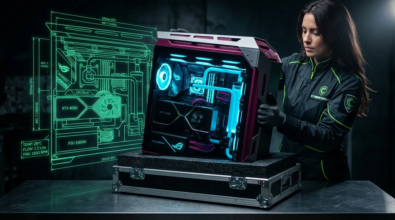 Femme présentant un PC gaming futuriste illuminé néon bleu