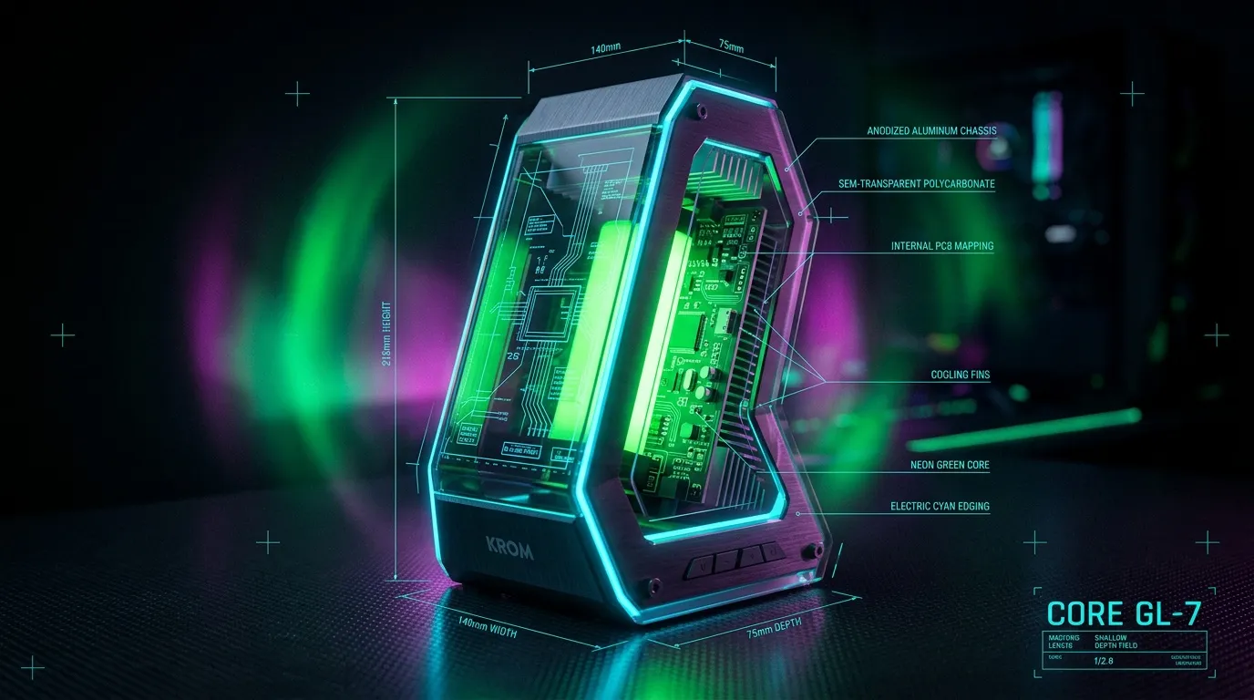 Boîtier KROM Core GL-7 avec éclairage néon cyan et vert