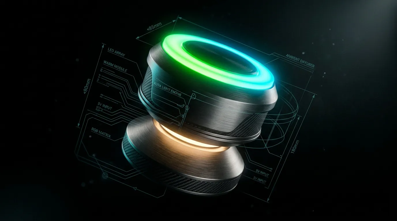Moteur futuriste avec anneaux LED verts et dorés