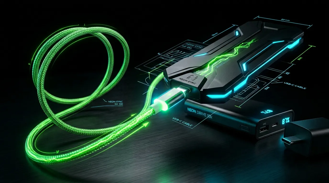 Câble USB-C vert néon brillant avec accessoires technologiques.