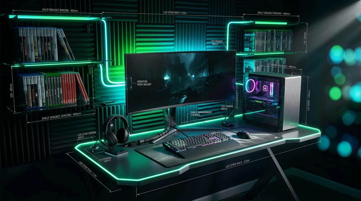 Bureau gamer avec &eacute;clairage LED n&eacute;on vert et turquoise.