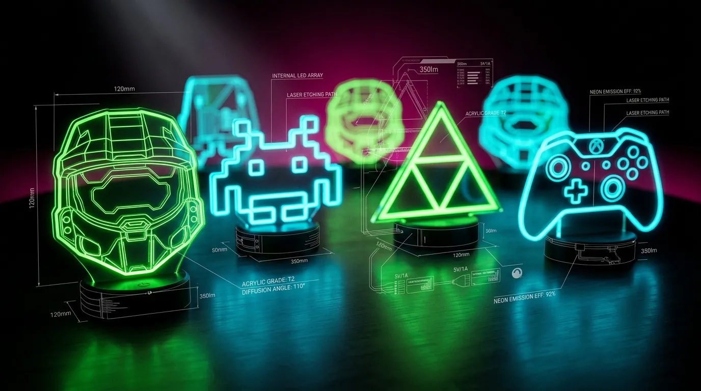 Figurines n&eacute;on : casque, extraterrestre, triangle, manette