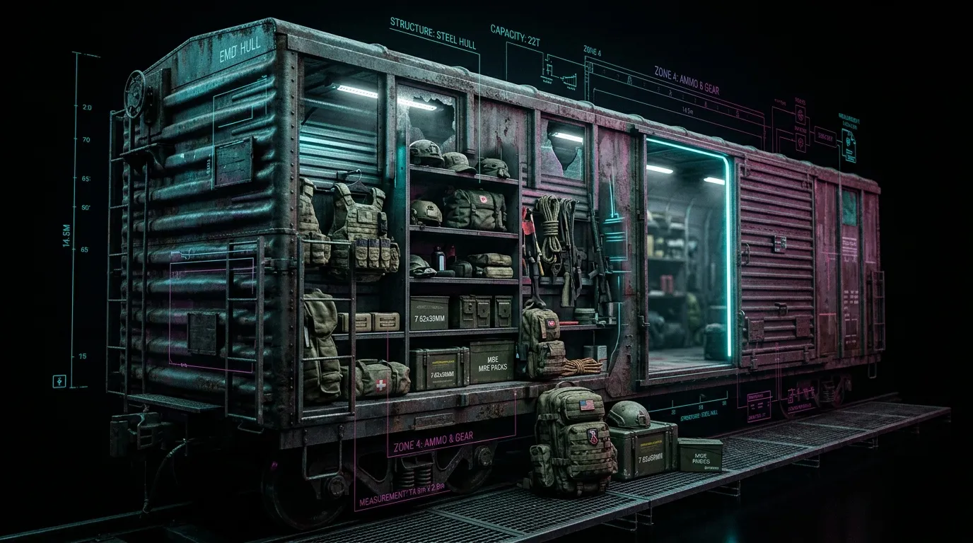 Container modulaire affichant &eacute;quipement militaire et munitions