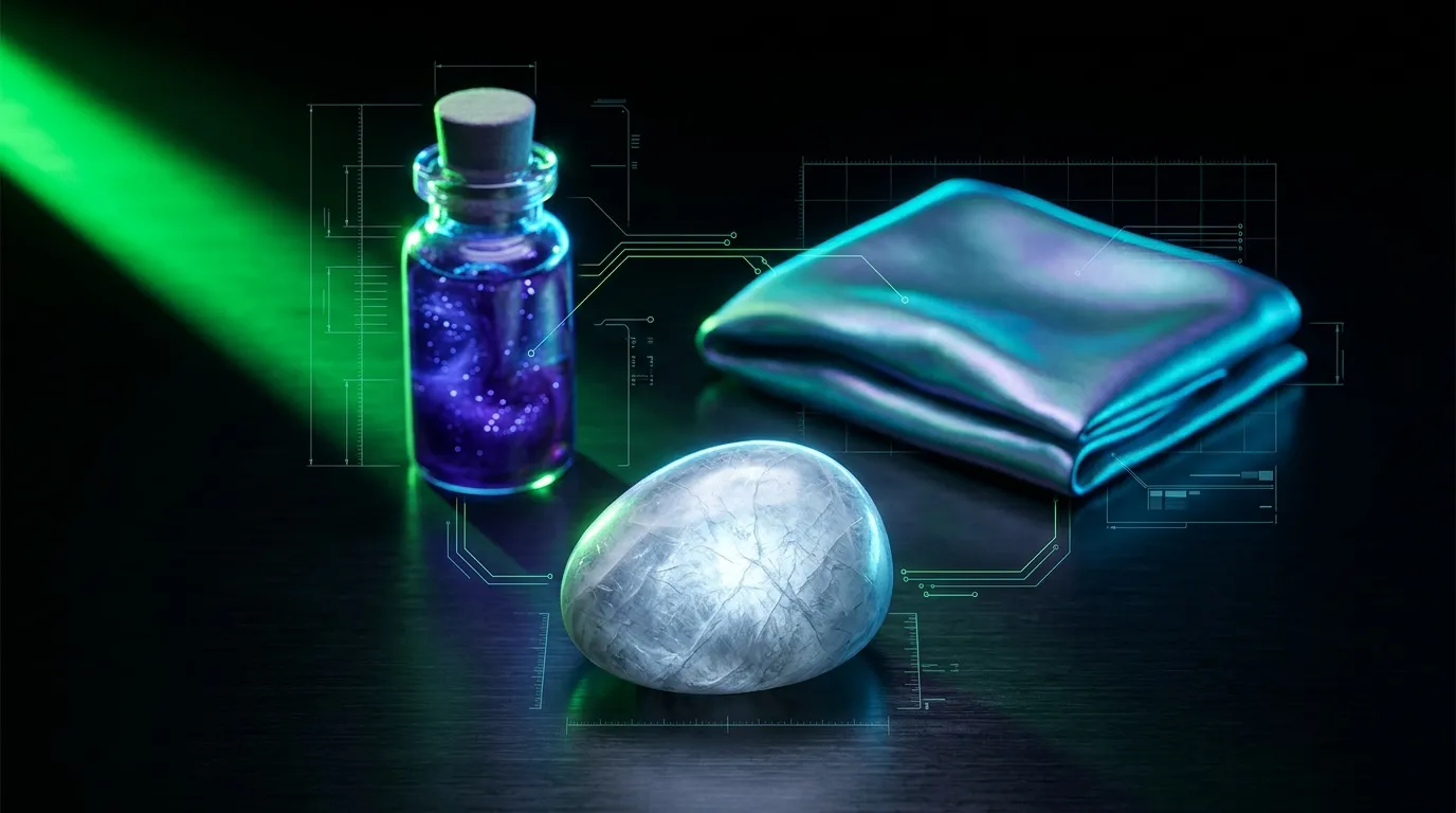 Fiole brillante, sphère métallique et portefeuille holographique futuriste