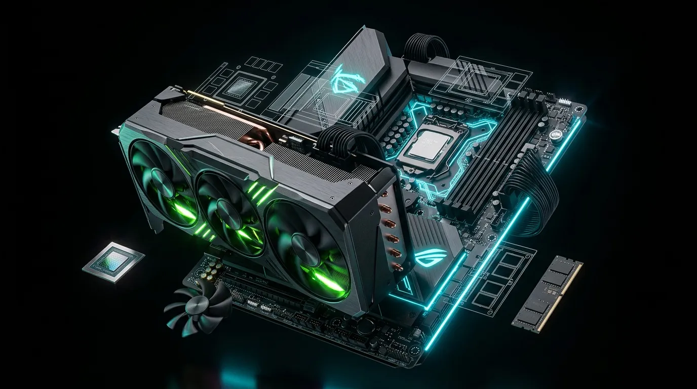 Composants informatiques gaming avec éclairage RGB cyan et vert