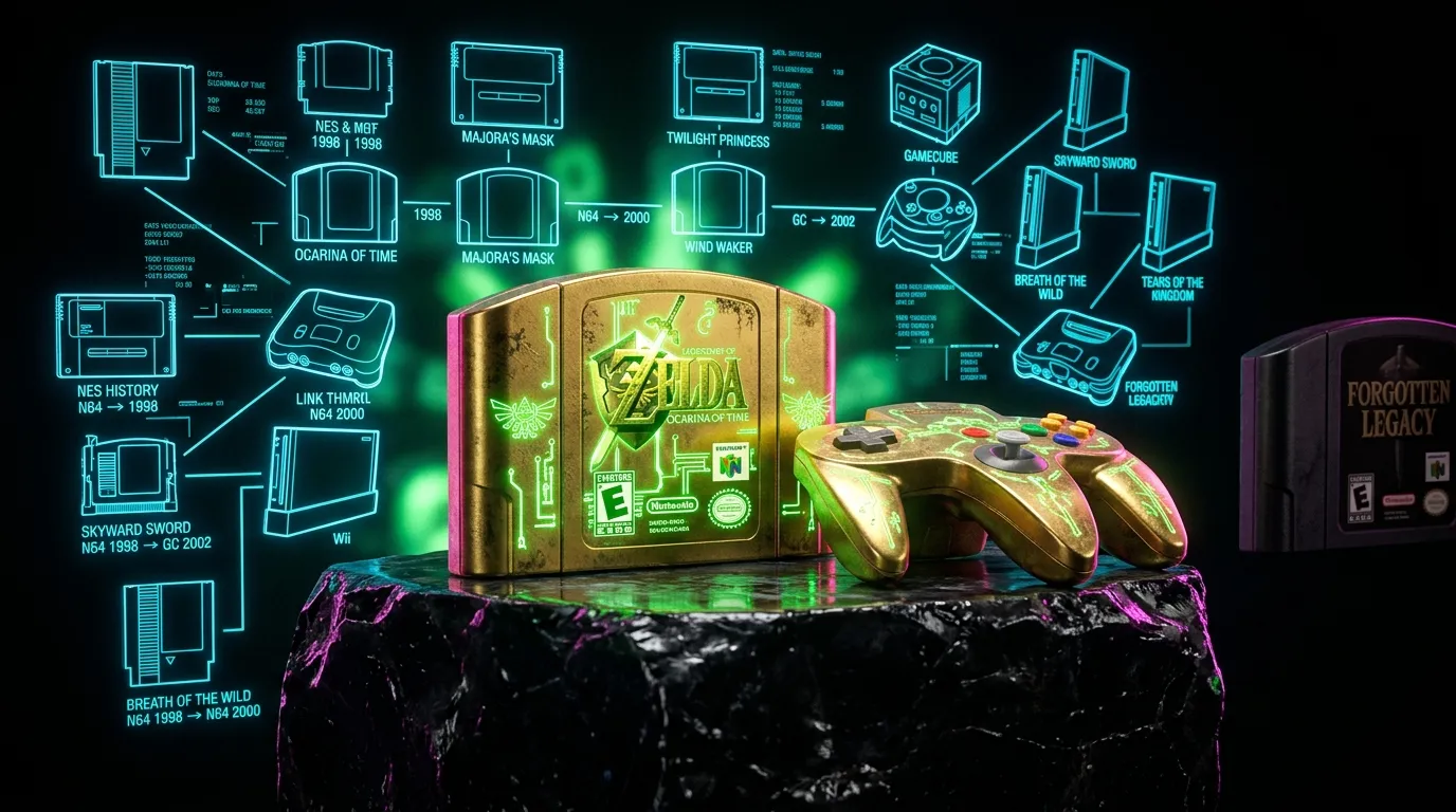Console dorée Zelda avec manettes entourée de jeux historiques