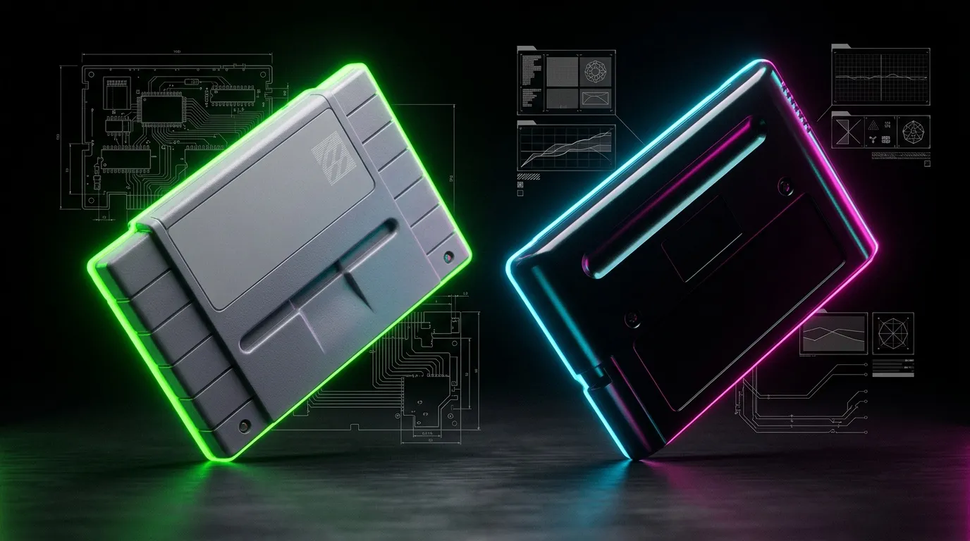 Consoles de jeu anciennes et modernes avec néons luminescents