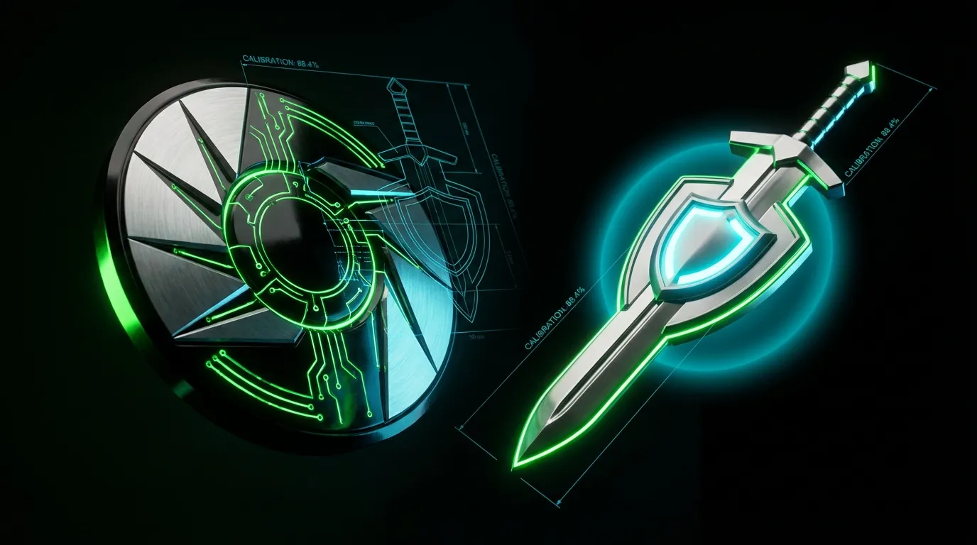 Bouclier et épée avec design technologique luminescent vert cyan
