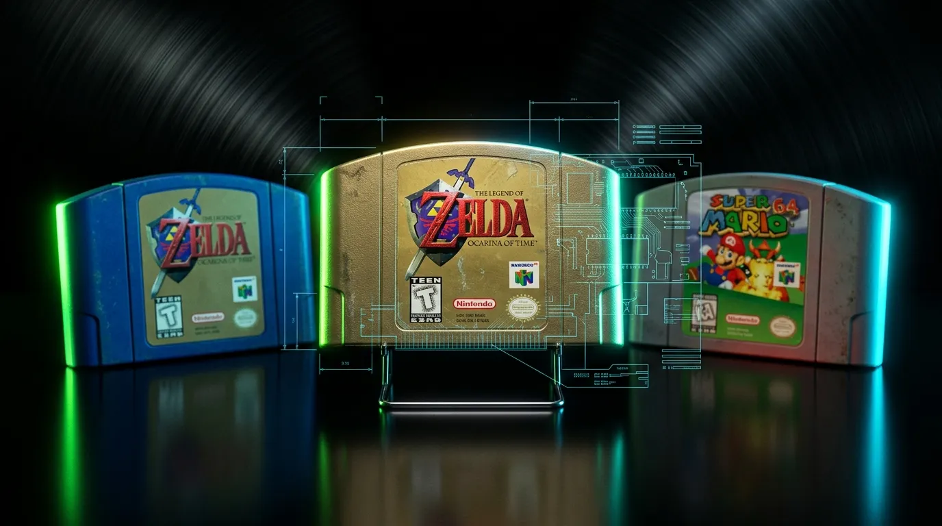 Trois cartouches N64 avec éclairage néon cyan et vert
