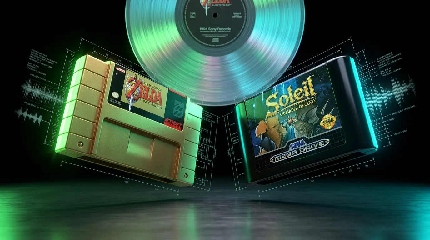 Cartouches de jeux vidéo rétro et disque vinyle turquoise brillant