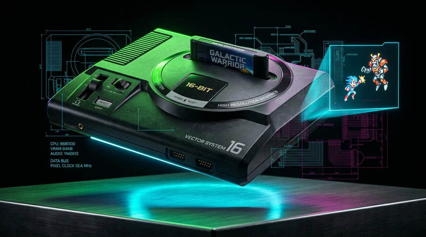 Console de jeu rétro 16-bit avec contrôleur et spécifications techniques affichées