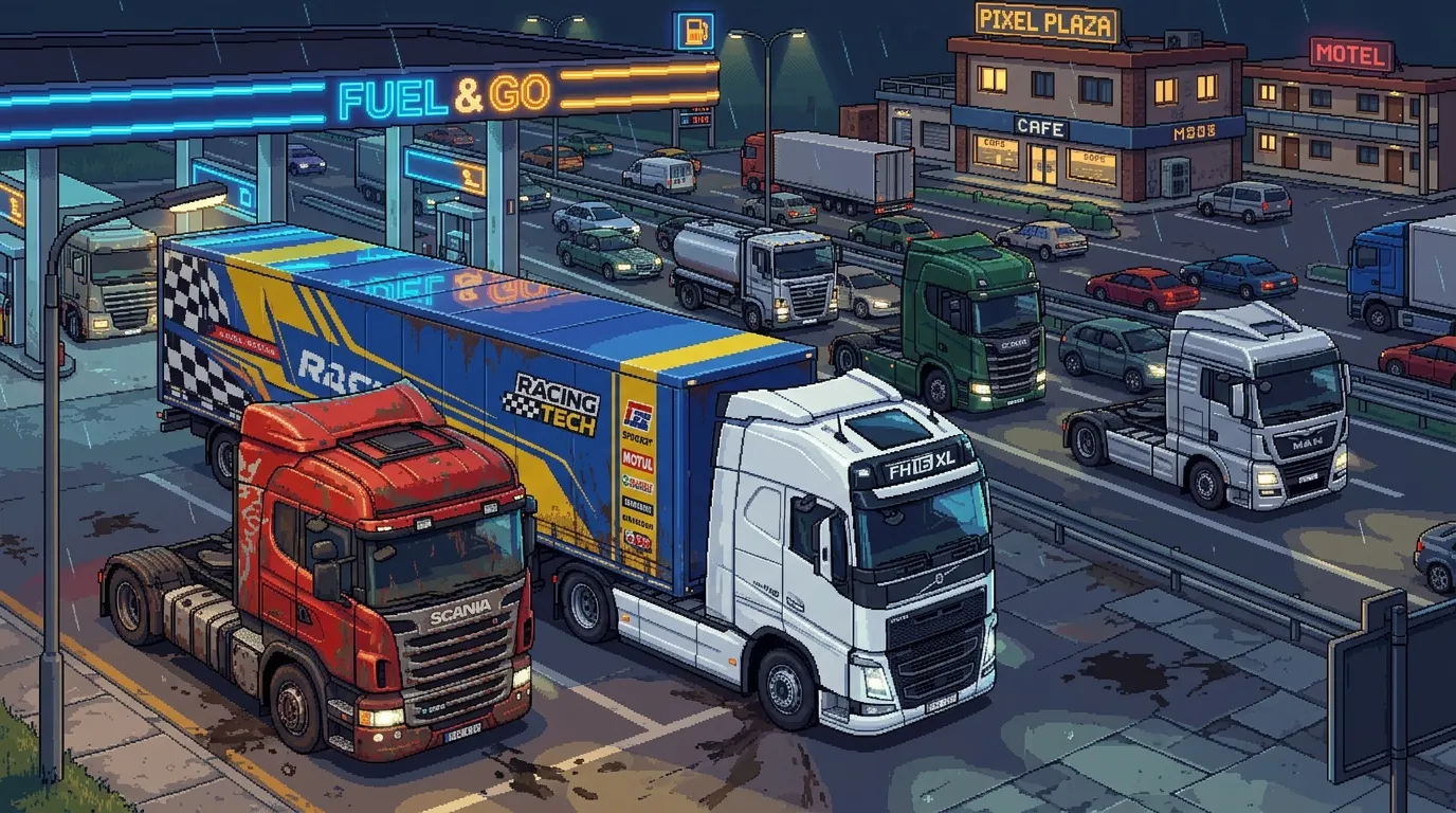 Camions et voitures dans une station-service routi&egrave;re la nuit