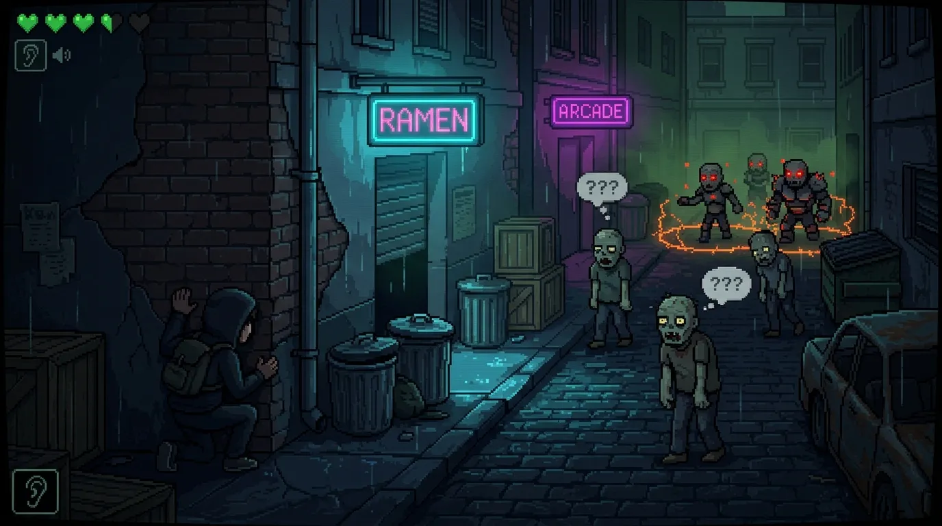 Personnage face &agrave; des zombies arm&eacute;s dans une ruelle neon
