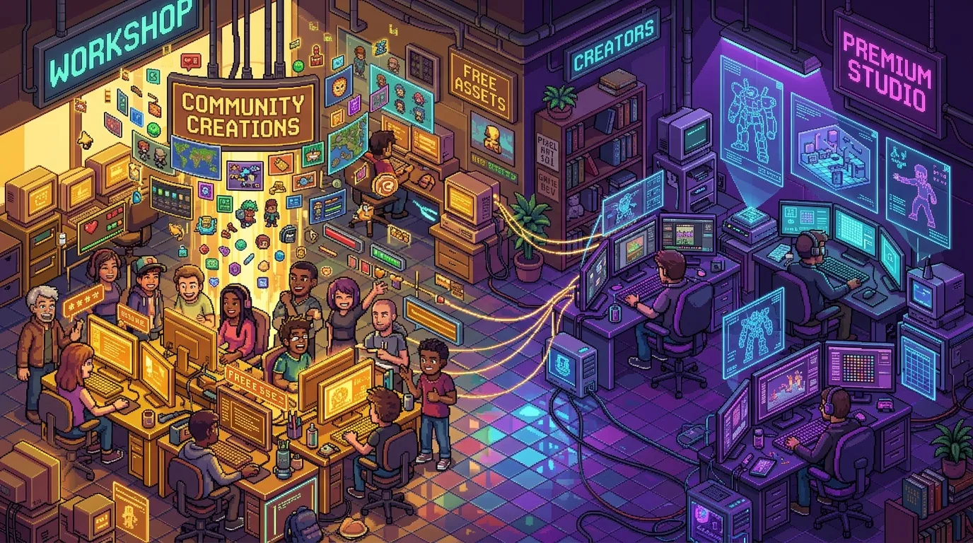 Communauté créative dans atelier partagé avec studios numériques professionnels