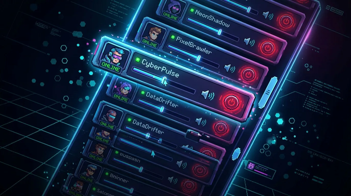 Interface de jeu avec joueurs connectés et statuts en néon