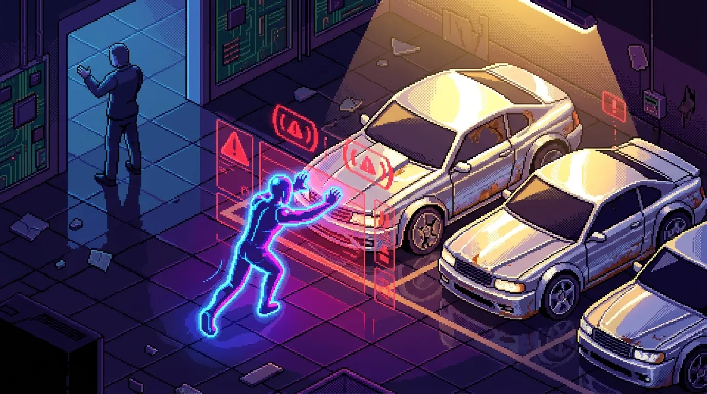 Figure n&eacute;on bleue dans parking futuriste avec voitures
