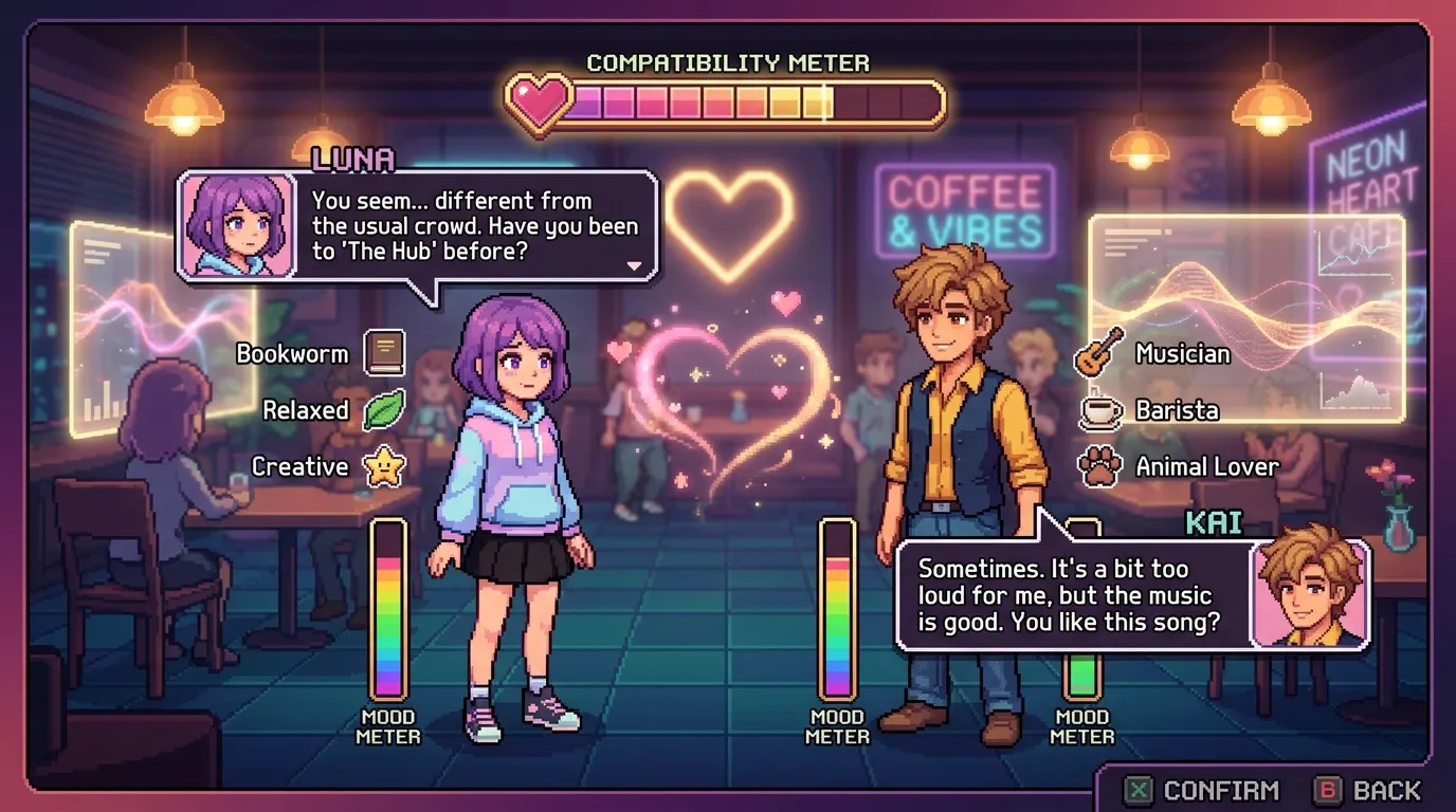 Deux personnages échangent dans un café cyberpunk avec jauge de compatibilité