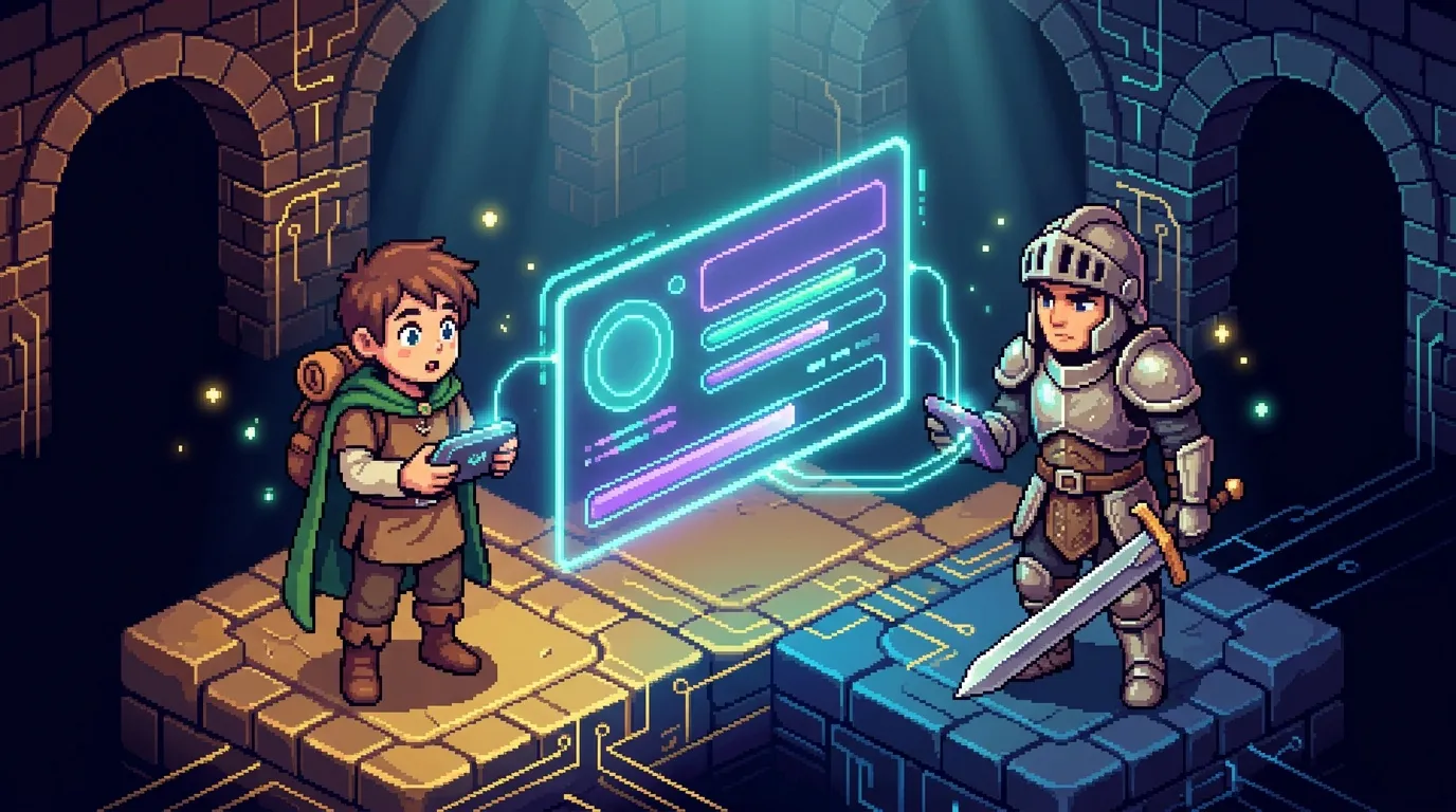 Deux aventuriers échangent devant un écran holographique luminescent.
