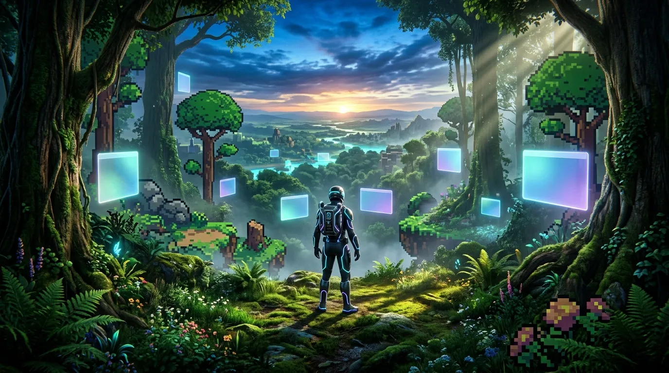 Personnage futuriste explorant forêt avec interfaces technologiques flottantes