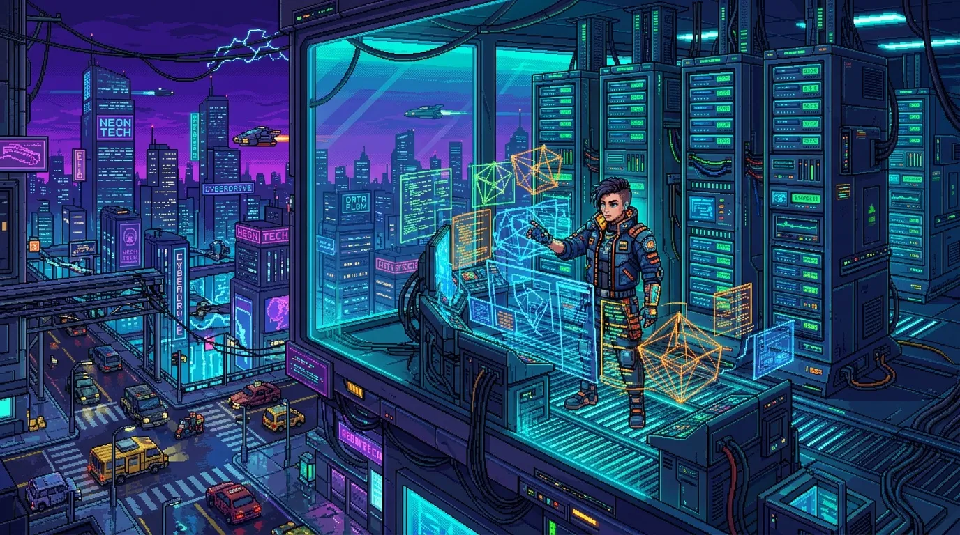 Personnage manipulant interfaces holographiques dans datacenter futuriste