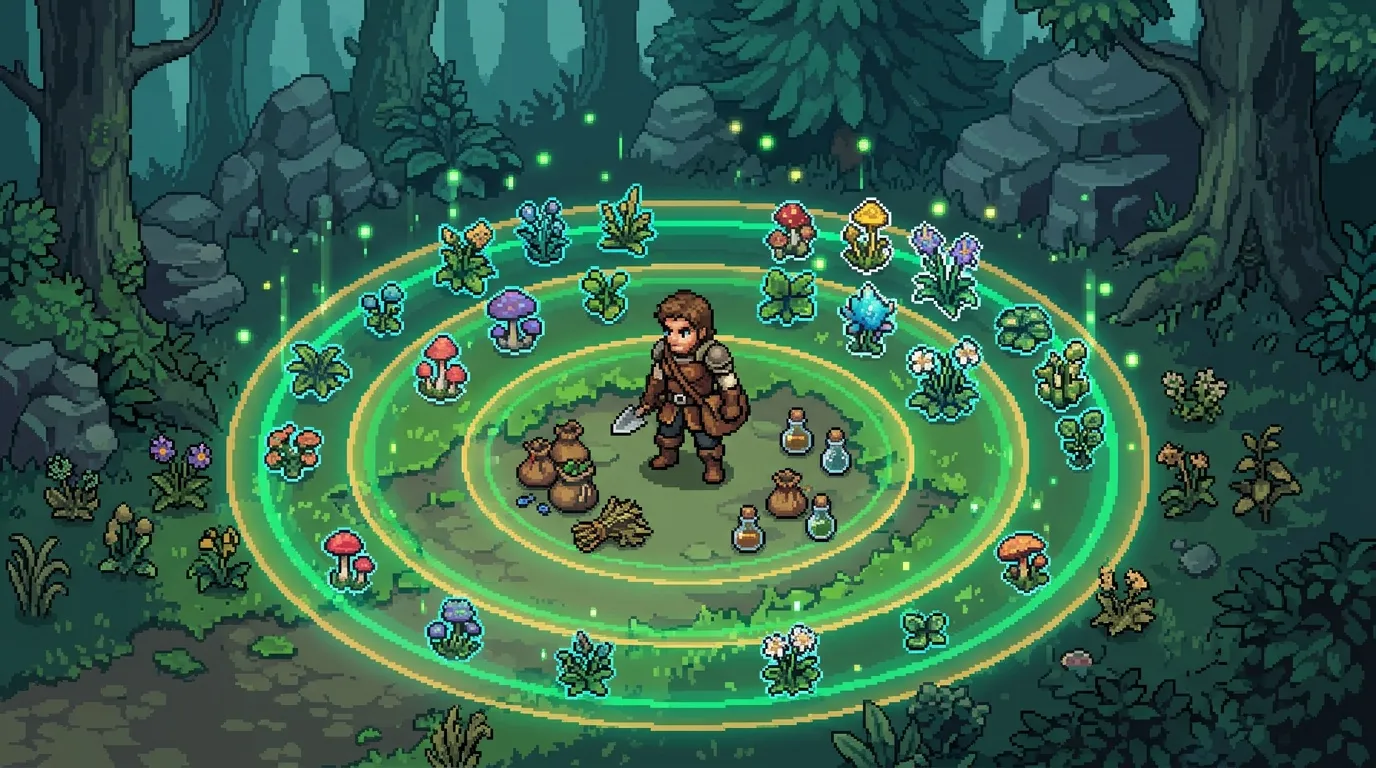 Personnage entour&eacute; de plantes magiques brillantes