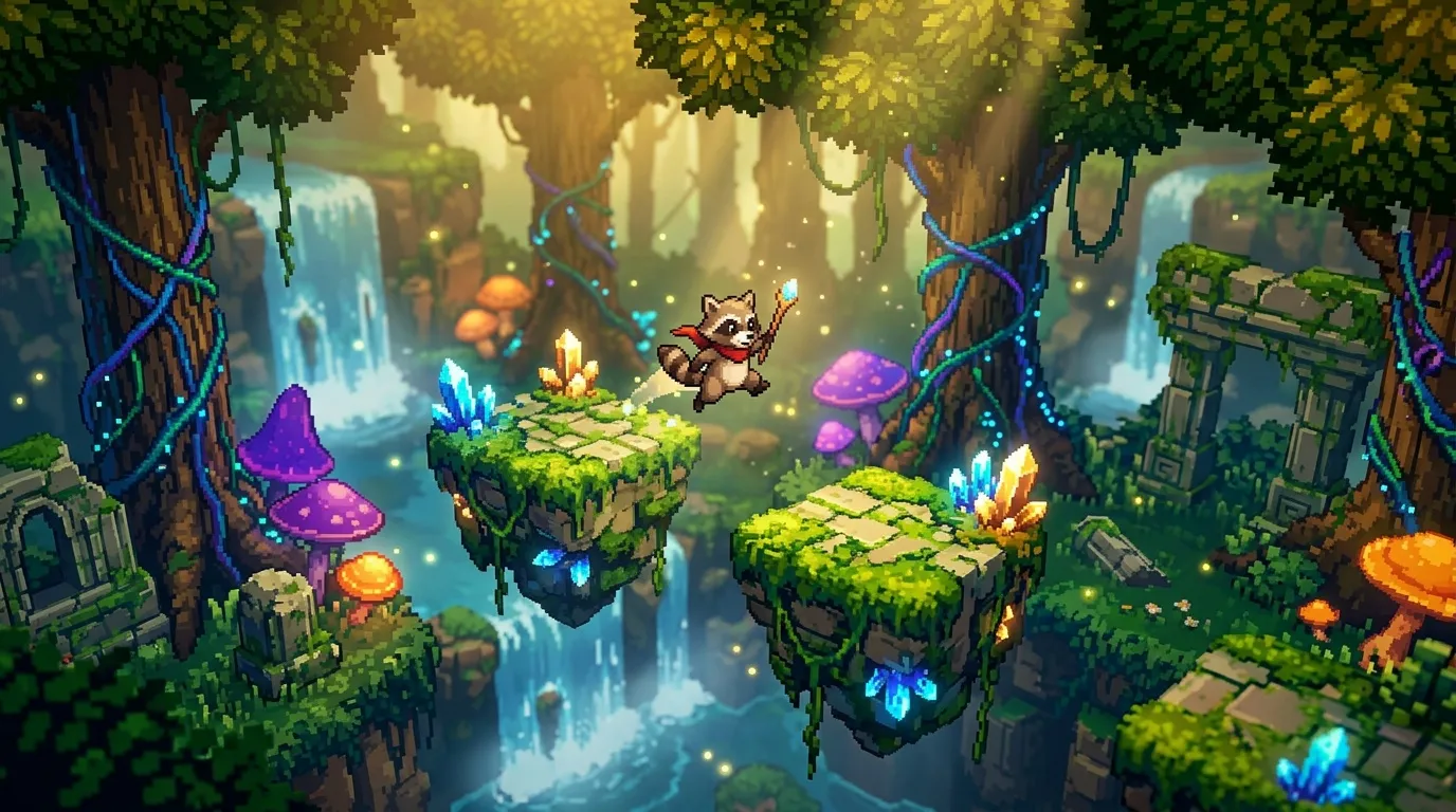 Raton laveur sur plateforme flottante dans for&ecirc;t enchant&eacute;e pixelis&eacute;e