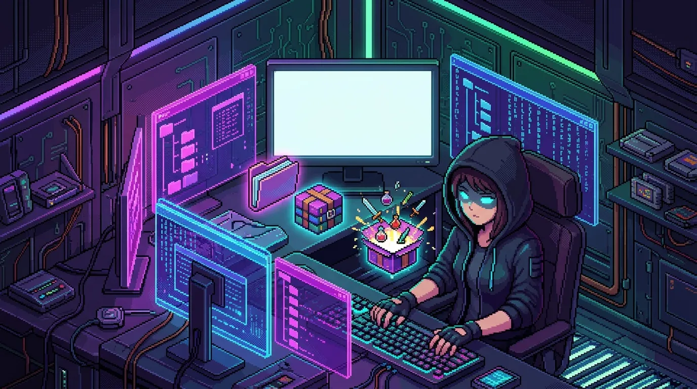 Personnage hacker en hoodie devant écrans luminescents neon