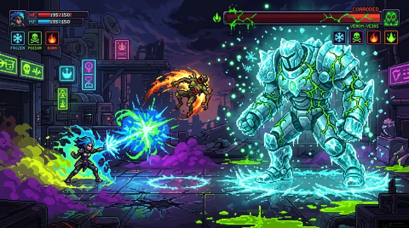 Joueur affrontant créature glacée dans bataille RPG pixelisée