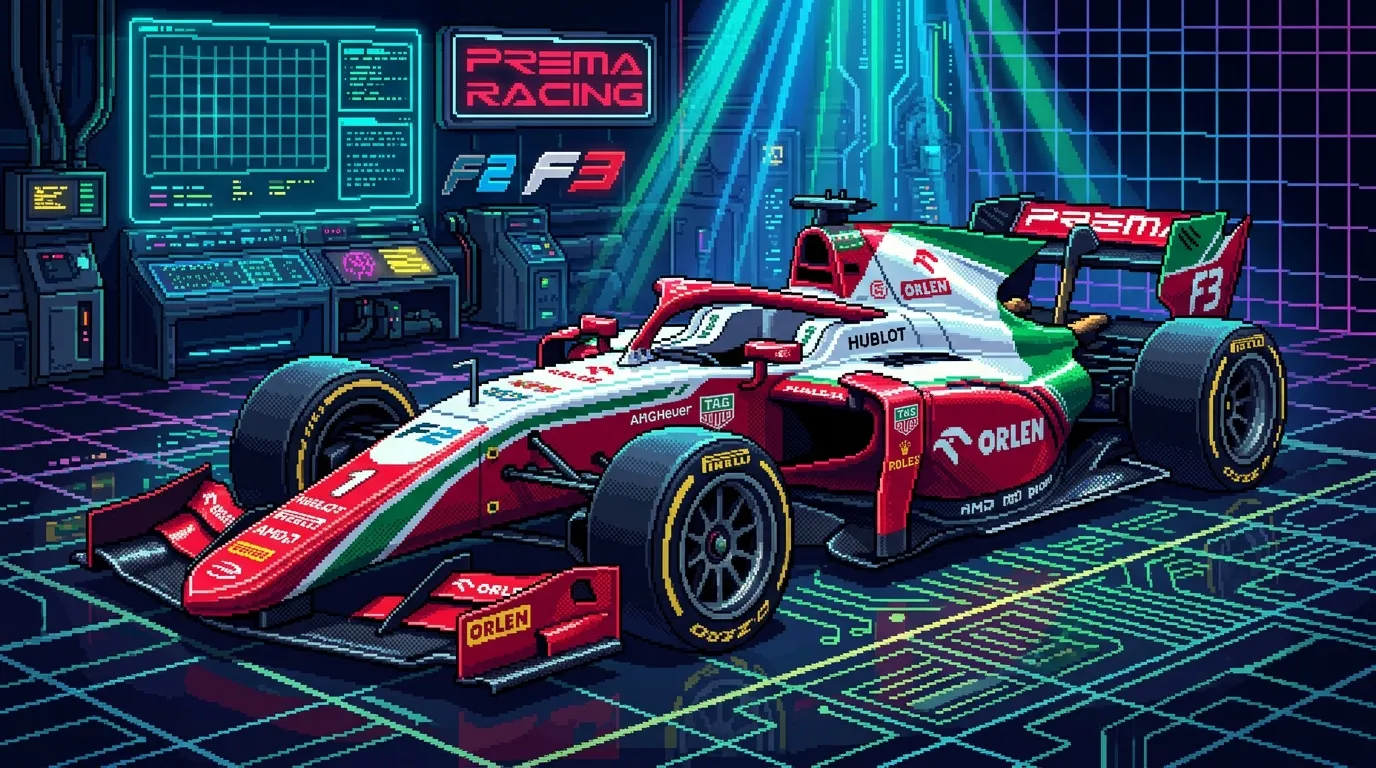 Voiture Formule 3 rouge Prema Racing style cyberpunk futuriste
