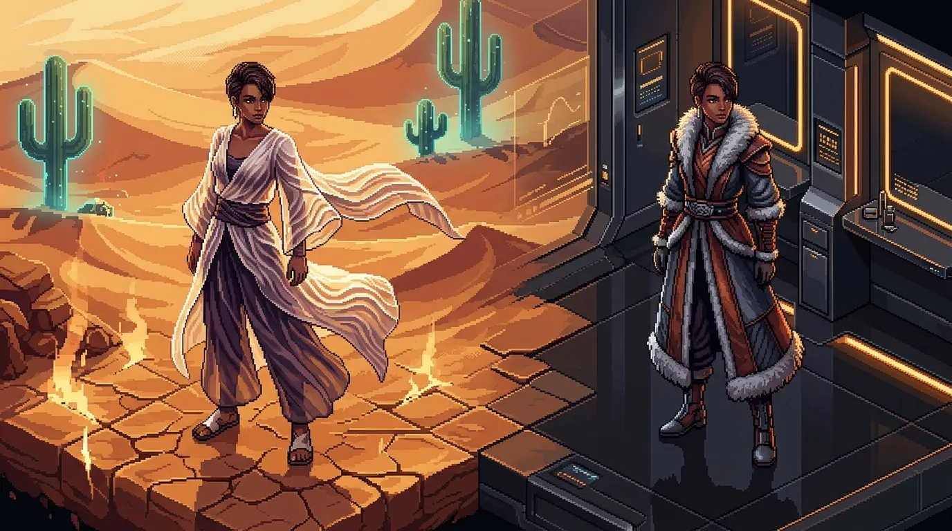 Femme en robe dans d&eacute;sert et int&eacute;rieur futuriste illumin&eacute;