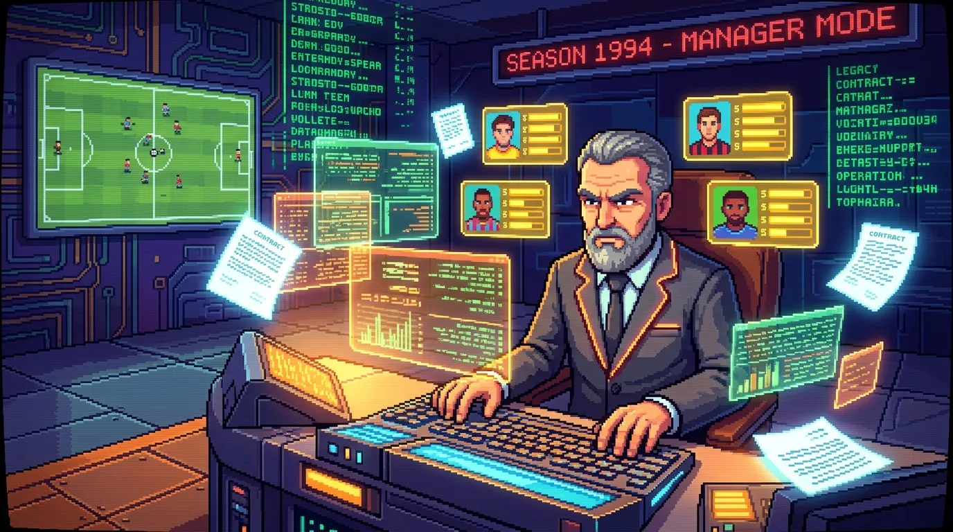 Manager football pixel art futuriste avec &eacute;quipe joueurs &eacute;crans