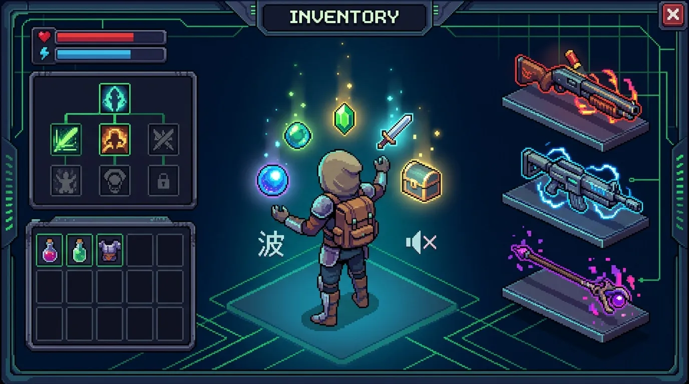 Interface d'inventaire avec personnage et équipements numériques