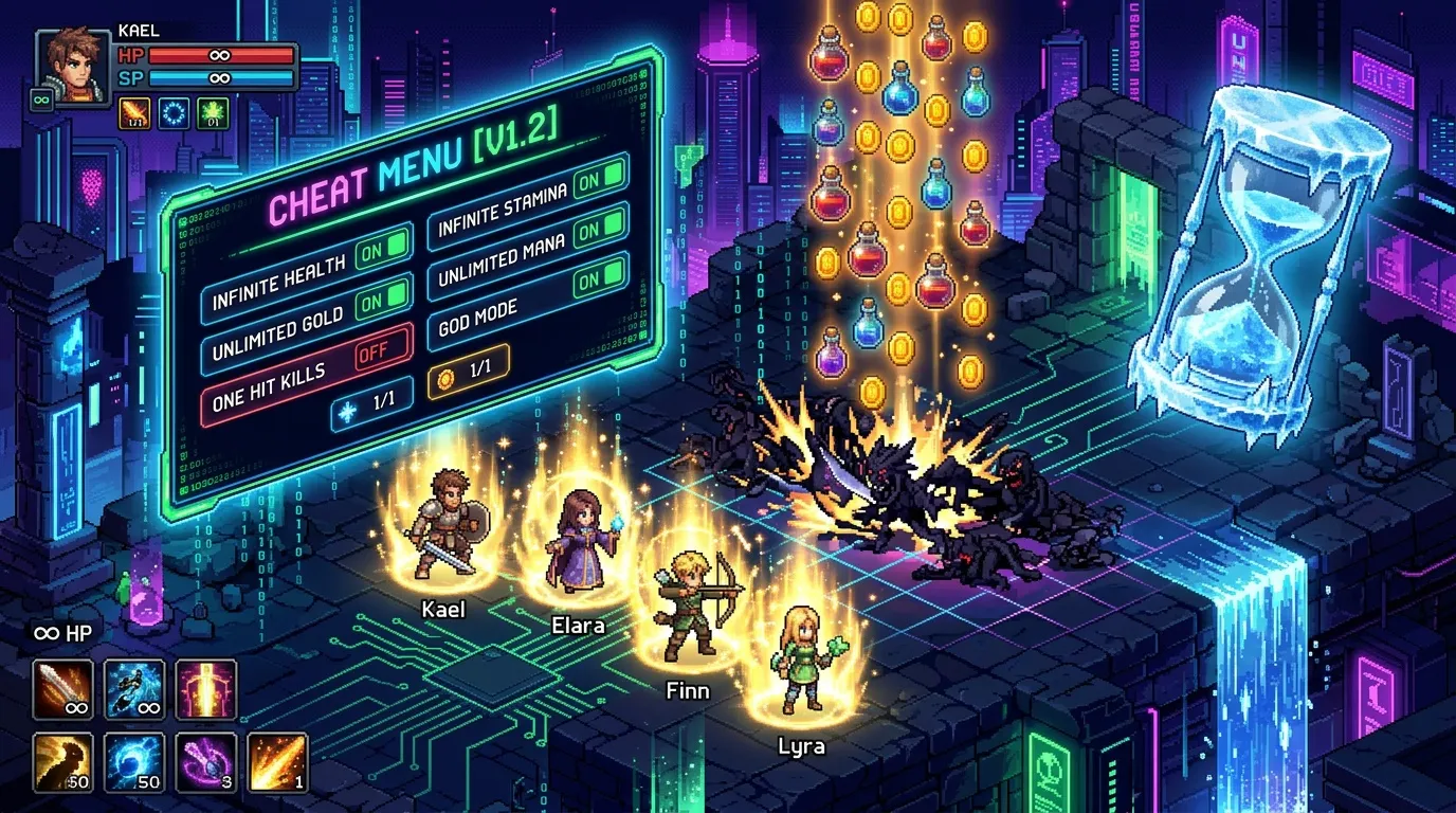 Interface de jeu vid&eacute;o r&eacute;tro avec options de triche activ&eacute;es