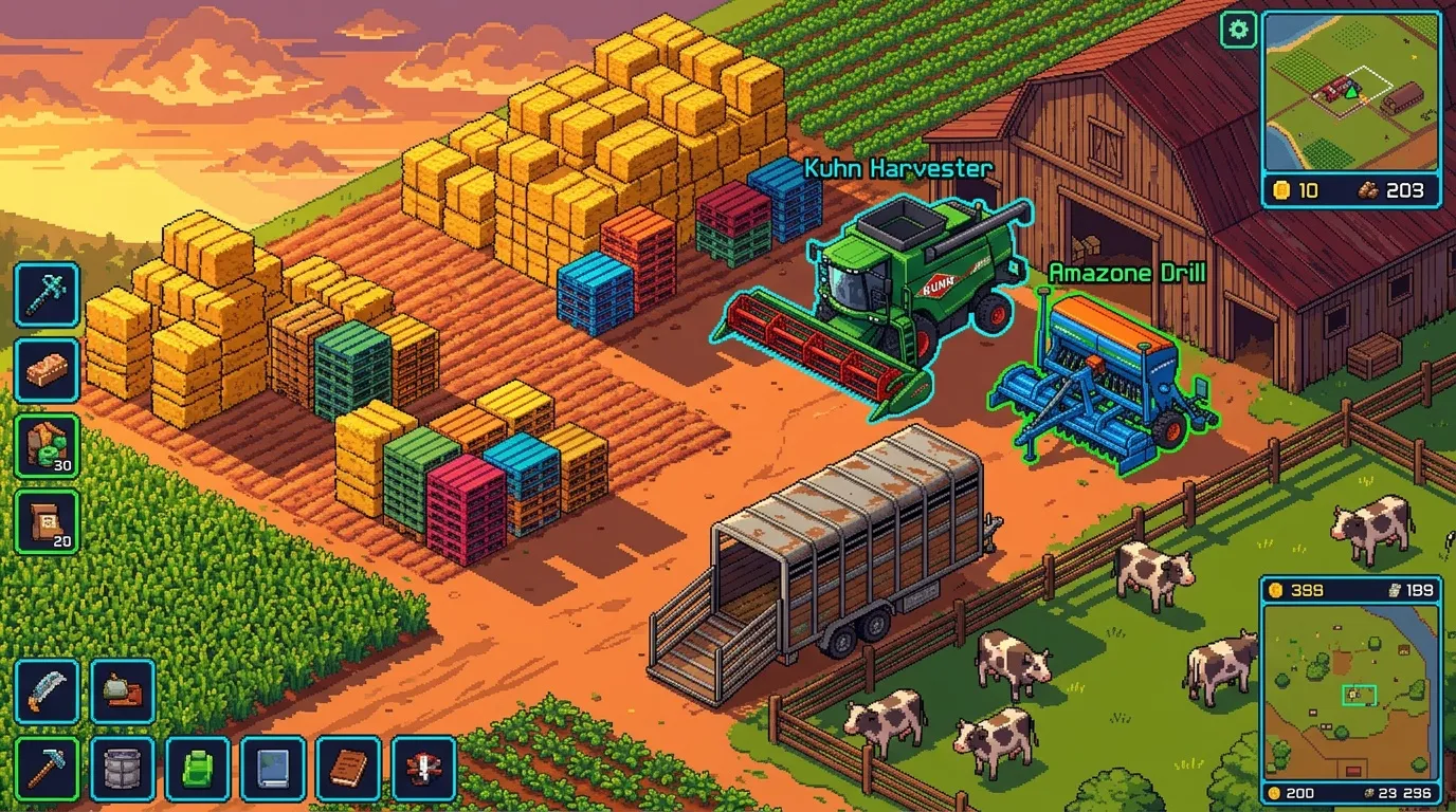 Jeu de ferme avec récolte, machines agricoles et animaux.