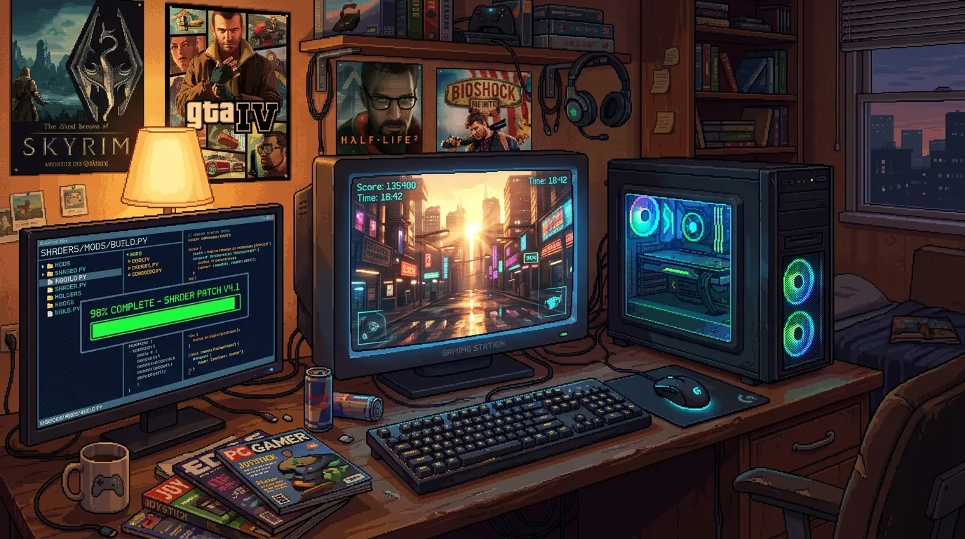 Setup gaming avec trois &eacute;crans, posters de jeux vid&eacute;o et &eacute;quipements