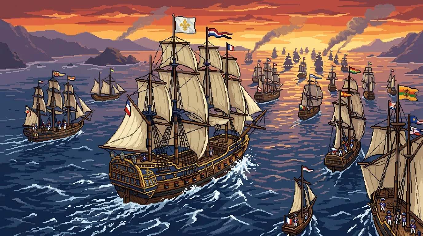 Armada de navires &agrave; voiles en pixel art, coucher soleil.