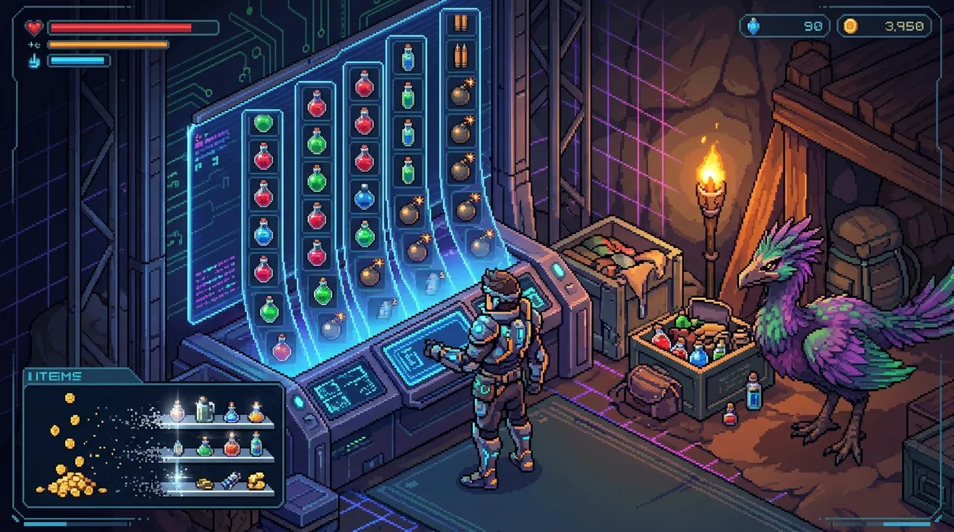 Personnage arm&eacute; explorant caverne futuriste avec cr&eacute;ature ail&eacute;e color&eacute;e