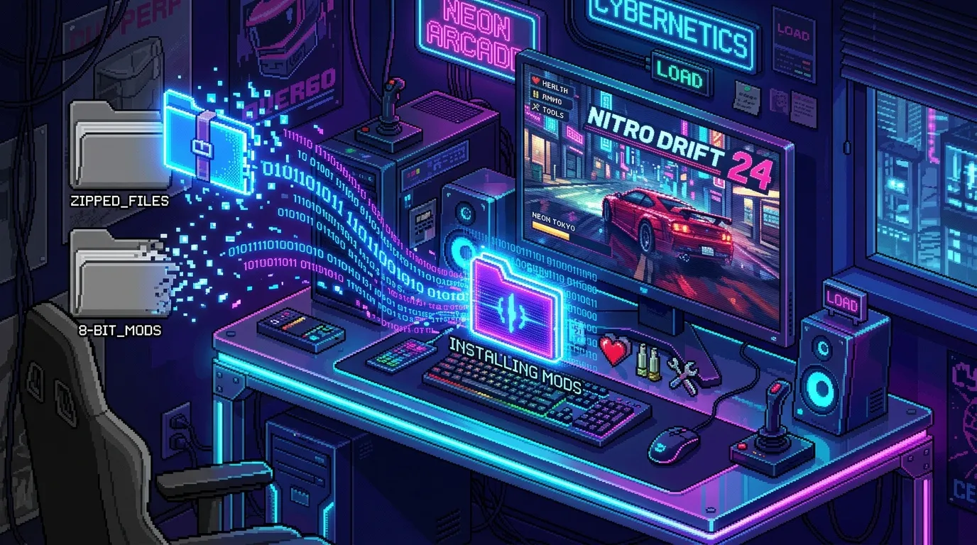 Setup gamer futuriste avec écran affichant Nitro Drift 24