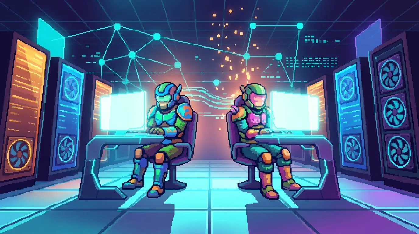 Deux personnages futuristes assis face &agrave; face dans un centre de donn&eacute;es cyberpunk.