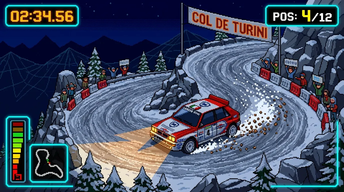 Voiture rouge en course sur route enneigée montagneuse