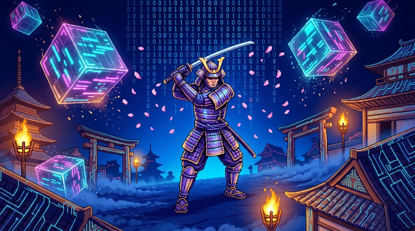 Guerrier samoura&iuml; entour&eacute; de cubes num&eacute;riques lumineux