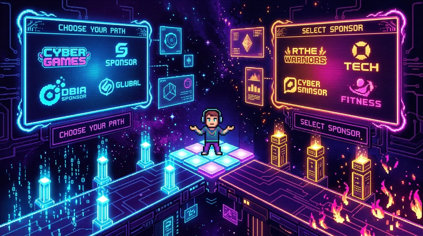 Interface de jeu r&eacute;tro proposant des sponsors et chemins distincts