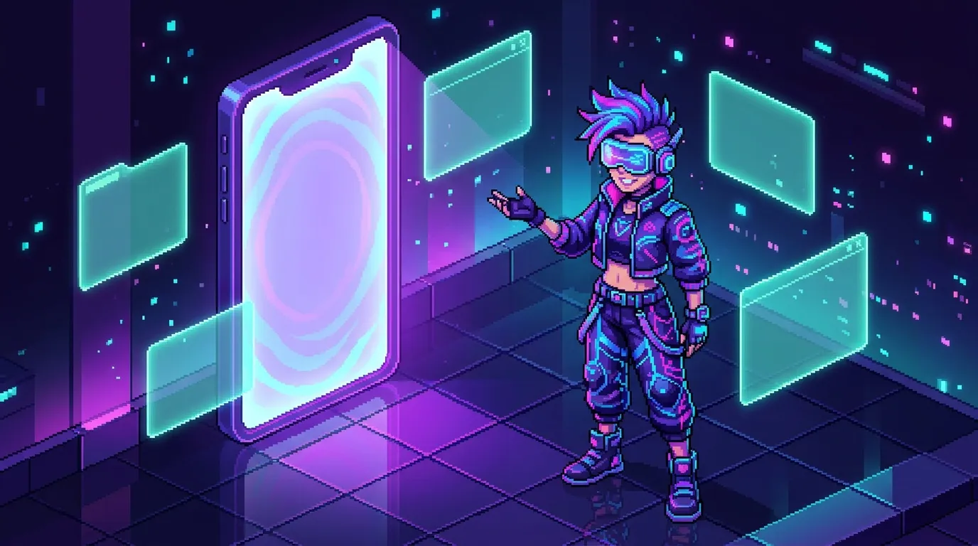 Personnage futuriste avec lunettes VR dans environnement néon